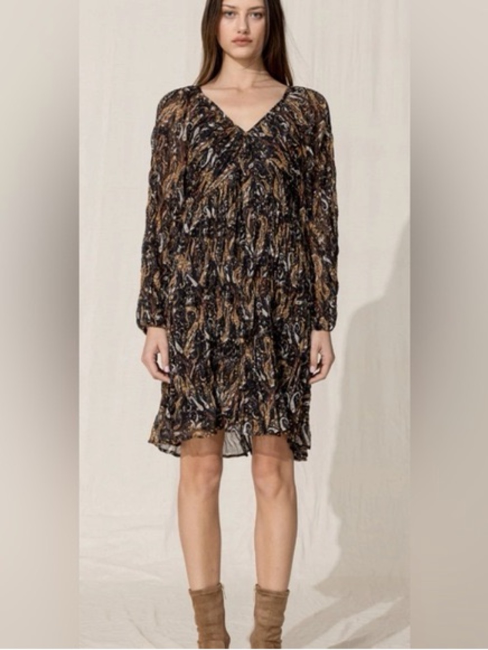 Miss Me V-Neck Tiered Mini Dress in Brown and Black Print